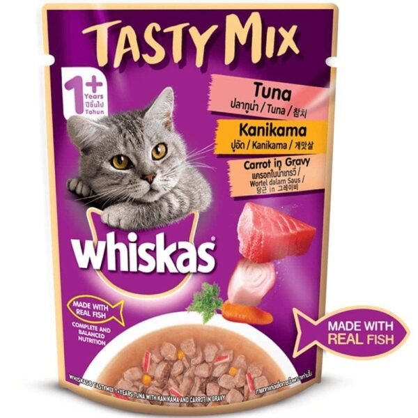 Whiskas Chicken With Salmon Wakame Seaweed and Tuna with Kanikama and Carrot in Gravy Tasty Mix Adult Cat Wet Food Combo