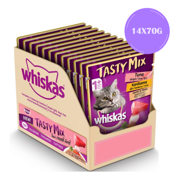 Whiskas Chicken With Salmon Wakame Seaweed and Tuna with Kanikama and Carrot in Gravy Tasty Mix Adult Cat Wet Food Combo